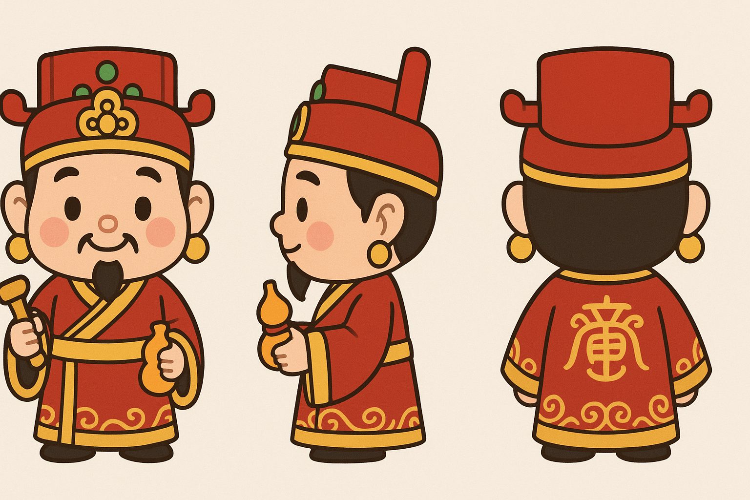 學生作品：保生大帝 Q 版角色三視圖（正面、側面、背面）